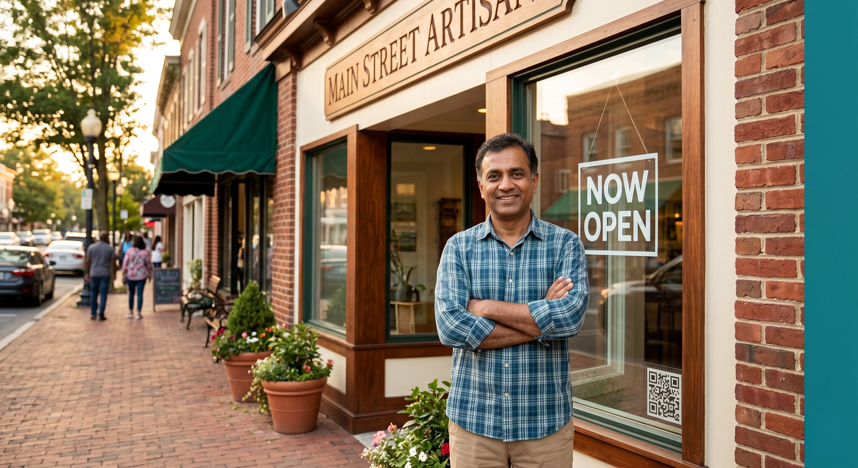 Business owner with Now Open sign
